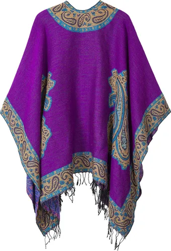 Vista 2 de Poncho con flecos, con estampado vintage, estilo retro, a la moda, para mujer. Capa, chal.