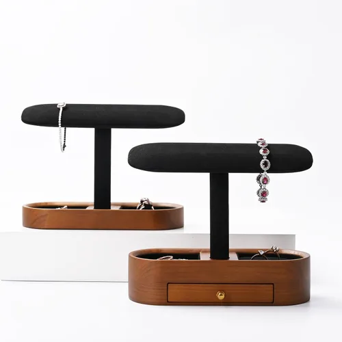 Vista 6 de Oirlv Soporte de reloj de madera maciza con cajón, soporte para reloj con barra en T, organizador para hombres y mujeres, brazalete de exhibición