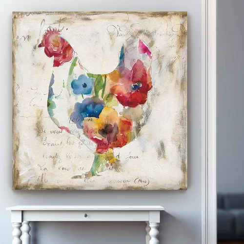 Vista 4 de Renditions Gallery Arte moderno de gallina con flores sobre lienzo estirado para decoración de pared