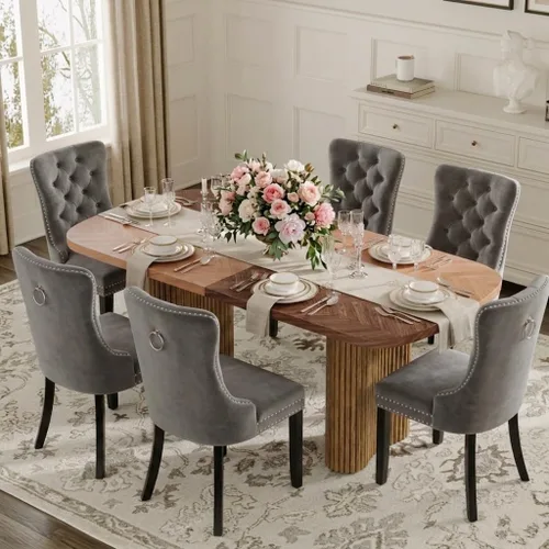 Vista 13 de Mesa de comedor extra larga de 78.7 pulgadas para 6-10 personas, mesa de cocina moderna con bases estriadas, mesa de comedor rectangular de granja