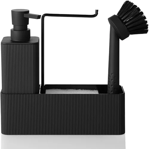 Vista 8 de Dispensador de jabón de cocina con soporte de esponja para fregadero, dispensador de jabón de manos y jabón para platos con cepillo beige mate