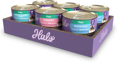 Vista 9 de Halo Paquete variado de comida húmeda para gatos, tres patés húmedos enlatados para gatos, pollo, pavo y pescado blanco, lata de 5.5 onzas