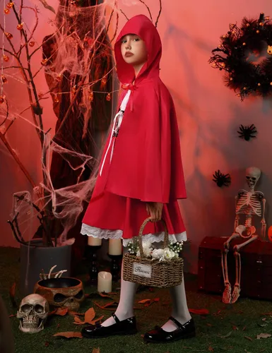 Vista 5 de KOJOOIN Disfraz de Caperucita Roja para Niñas, Vestido de Halloween con Capa de Lujo para Juego de Rol