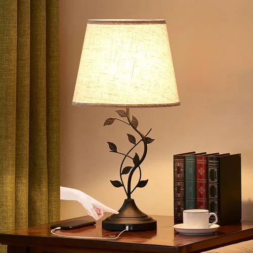 Vista 11 de Kakanuo Lámpara de mesa para mesita de noche, lámpara para sala de estar con puertos de carga USB-A y USB-C, lámpara de dormitorio alta tradicional