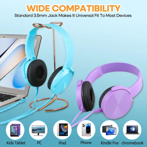 Vista 7 de Paquete de 5 audífonos para niños a granel para el aula escolar K-12, juego de auriculares duraderos para estudiantes, niños, adolescentes, niños
