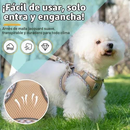 Vista 2 de Juego de Arnés y Correa para Perro - Arnés Sin Tirones Suave y Transpirable para Perros Pequeños, Chaleco Reflectante Ajustable Step-in para Caqui