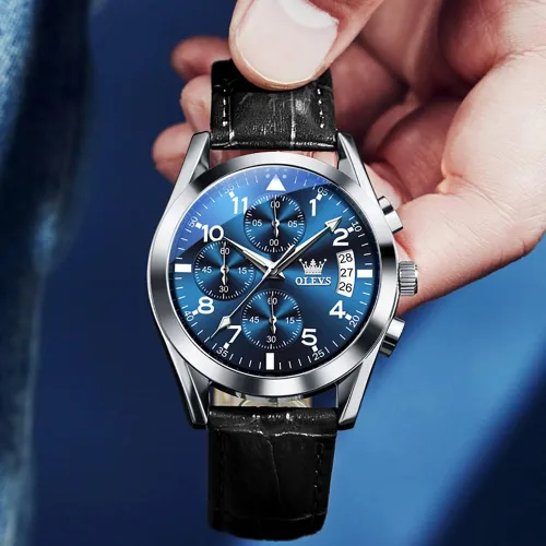 Vista 5 de OLEVS Relojes de hombre de cuero marrón con fecha, relojes casuales para hombre, relojes de cara grande para hombre, cronógrafo para hombre, reloj