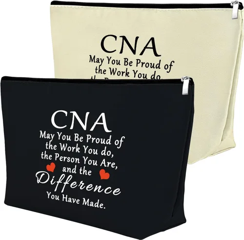 Vista 17 de Mxrymvu Regalos de la semana de CNA Bolsas de maquillaje Regalos de agradecimiento CNA, 2 piezas beige.