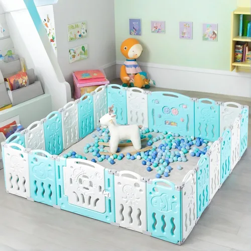 Vista 2 de Albott Centro de juegos de seguridad para niños, 22 paneles, corralito para bebés, centro de actividades para interiores o exteriores, patio de Azul