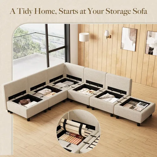 Vista 3 de Belffin - Sofá modular en forma de L de 107.1 pulgadas, 6 asientos Beige