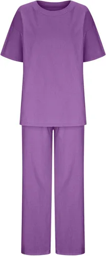 Vista 37 de Conjuntos de verano de 2 piezas para mujer, conjuntos elegantes y casuales de color liso, para verano, otoño, cuello redondo, tops y pantalones