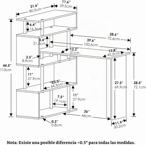 Vista 3 de Furinno Escritorio clásico, escritorio para juegos en forma de L de 40 pulgadas de ancho, escritorio para computadora, escritorio con estantes
