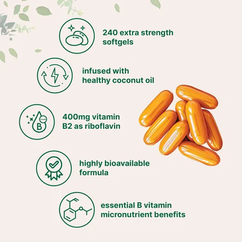 Vista 3 de Vitamina B2, riboflavina 400 mg 240 cápsulas blandas con aceite de coco Altamente biodisponible Suplementos energéticos de vitamina B extra