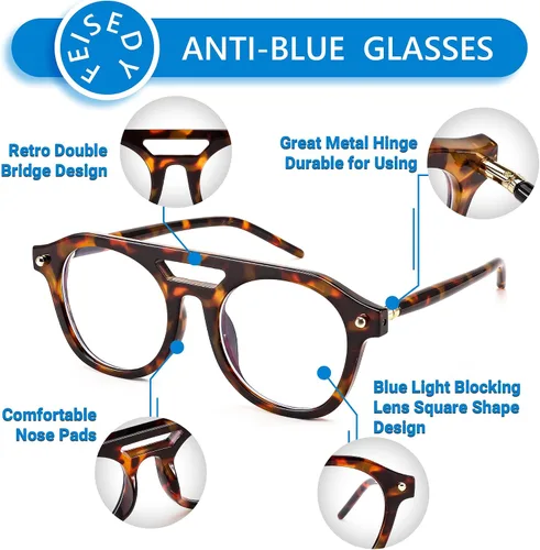 Vista 4 de FEISEDY Gafas de bloqueo de luz azul aviador de los años 70, marco piloto cuadrado, antideslumbrante, gafas de computadora para mujeres y hombres