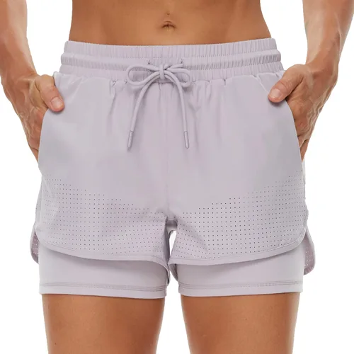 Vista 2 de BENLENGS - Pantalones cortos de yoga para mujer, 2 en 1, con cordón y bolsillo con cremallera