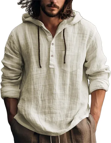 Vista 25 de Camisas de lino para hombre, ligeras, con botones, de manga larga, con capucha, ajuste regular, de algodón, para la playa