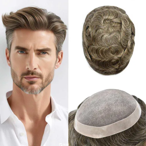 Vista 43 de Fine Mono Men Hair System Mens Toupee Real Human Hair Pieces For Men's Toupee Hair System For Men Hair Piece Natural Hairline 6X8 densidad de luz