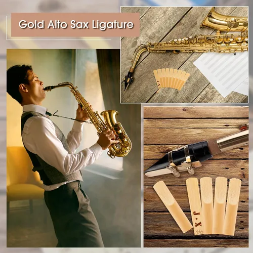 Vista 5 de Ligadura de saxofón alto con 20 cañas de saxofón alto 2.5, ligadura de saxofón alto de oro con tornillos ajustables, ligadura de ligadura de saxofón