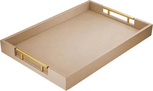 Vista 15 de ATZYmolin - Bandeja de servicio de madera de 17" x 12" con asas de metal dorado pulido, bandeja decorativa de madera rectangular para otomano
