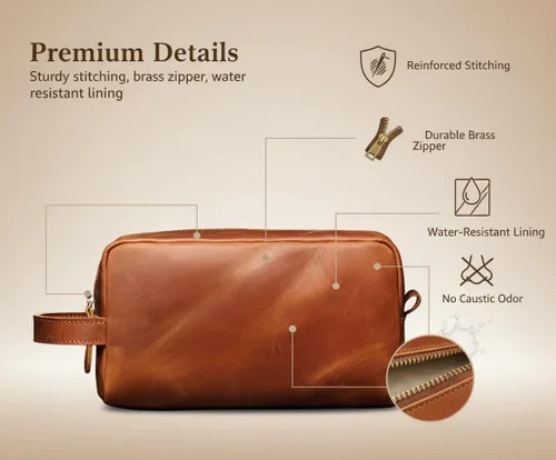 Vista 2 de The Tannery Neceser de cuero genuino para hombres y mujeres, bolsa ligera para unisex, bolsa de maquillaje duradera, el mejor regalo para el día