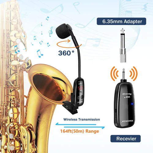 Vista 3 de Micrófono inalámbrico para saxofón, micrófonos UHF para saxofón, micrófono con clip de carga y pantalla digital, para trompeta, tuba, trombón Negro1