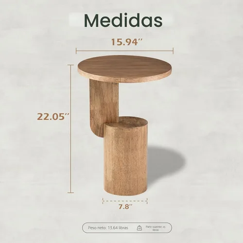 Vista 2 de COZAYH Farmhouse - Mesa alta para bebidas con base de diseño geométrico, natural Mesa auxiliar minimalista moderna redonda de madera en forma de C