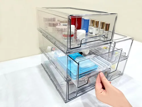 Vista 7 de Cajones de almacenamiento apilables, organizador extraíble transparente con asas y almohadillas antideslizantes para cocina, refrigerador