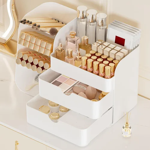 Vista 5 de Organizador de Maquillaje con 2 Cajones M y Portacepillos - Estuche de Almacenamiento de Cosméticos para Tocador, Encimera de Baño y Escritorio