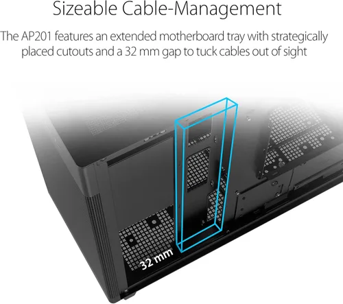 Vista 6 de Cajas de PC ASUS Prime AP201 de 33 litros Micro ATX color negro con paneles laterales sin herramientas y malla de filtro cuasi, con soporte