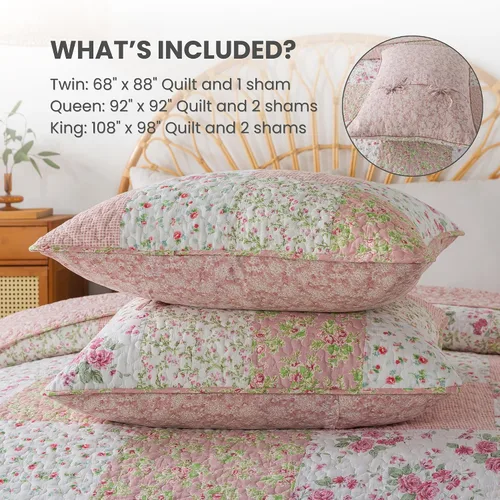 Vista 6 de Soul & Lane Blush Bloom - Juego de colcha de algodón, tamaño individual con 1 funda de almohada, colcha acolchada floral con diseño de parches