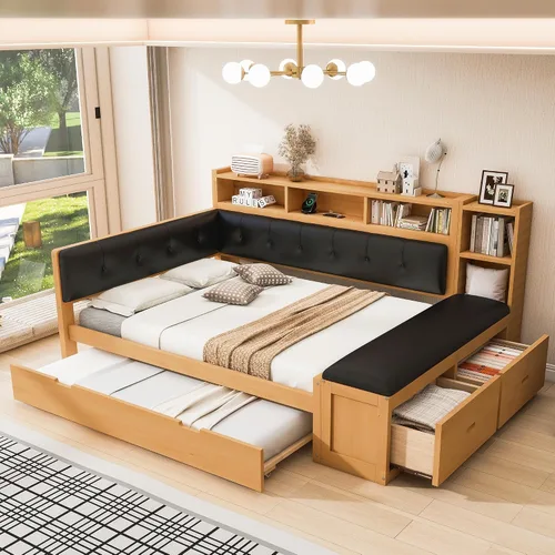 Vista 14 de Harper & Bright Designs Sofá cama de tamaño individual con cajones, sofá cama de madera para dormitorio, sala de estar, plataforma de madera