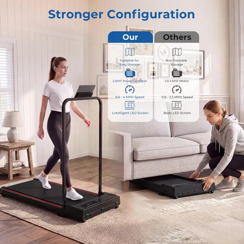 Vista 3 de Walking Pad, Treadmill with Handle Bar Foldable Treadmills for Home Indoor Under Desk Portable Compact Electric Walk Pads Small Spaces Office Rojo