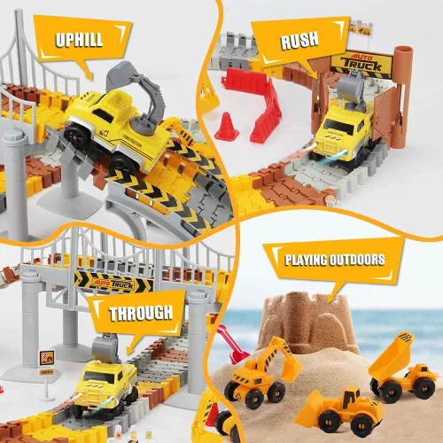 Vista 4 de Juego de pistas de carreras de construcción, pistas de tren flexibles con 2 vehículos eléctricos de carreras de construcción con luces, juguetes