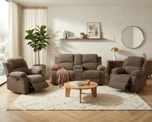 Vista 30 de Juego de sofá reclinable manual para sala de estar, juego de muebles de 3 piezas, sofá reclinable de tela Courduroy y dos sillas con mesa Azul