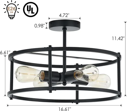 Vista 7 de Lámpara de techo moderna semiempotrada industrial con 4 luces para cocina, comedor, dormitorio, pasillo, sala de estar, negro mate, diámetro de 17