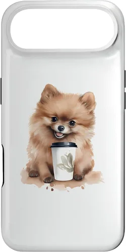 Vista 27 de iPhone 16 Pomerania perro con café estilo acuarela caso