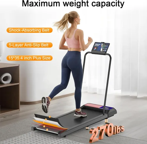 Vista 6 de Cinta de caminar plegable con asa inclinada, equipo de fitness silencioso y plegable, cinta de correr con modos 4 en 1, fácil de montar