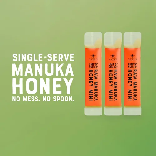 Vista 6 de Nate's Manuka Honey Minis - 10 unidades de una sola porción, miel de manuka pura - MGO 83+ Certificado UMF 5+ - 10 paquetes de una sola porción