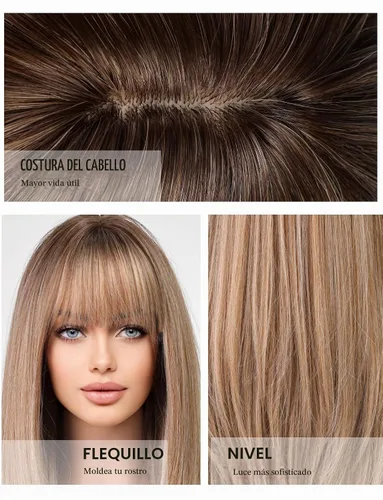 Vista 5 de Pelucas rubias cenizas para mujer, peluca larga recta en capas con flequillo, cabello sintético natural con raíces oscuras Rubio ceniza