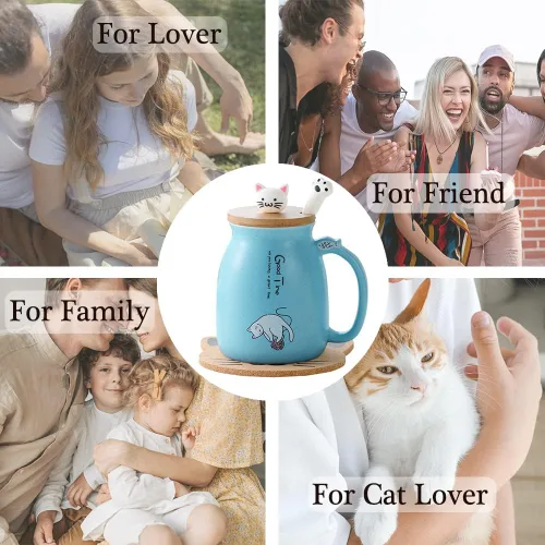 Vista 6 de BigNoseDeer Lindas tazas Kawaii de gato, taza de café de cerámica con infusor y tapa, cuchara, taza de té, regalos lindos y geniales para mujeres