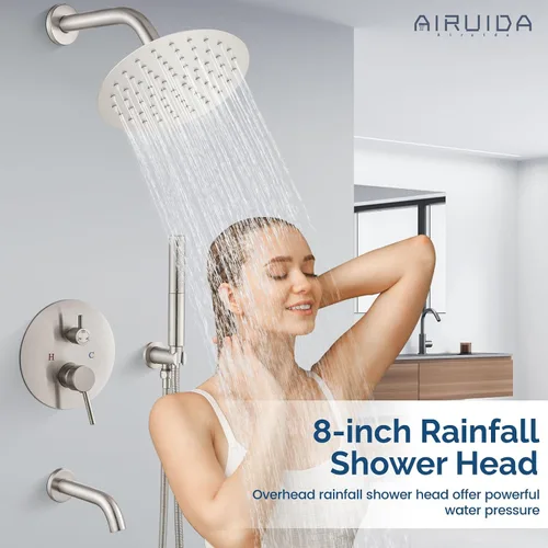 Vista 2 de Airuida Juego de sistema de ducha de lluvia de 3 funciones, combo de ducha de bañera de montaje en pared con ducha de mano y boquilla de bañera