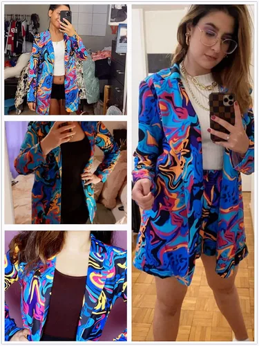 Vista 6 de WDIRARA - Chaqueta de manga larga con estampado gráfico y botones para mujer, multicolor