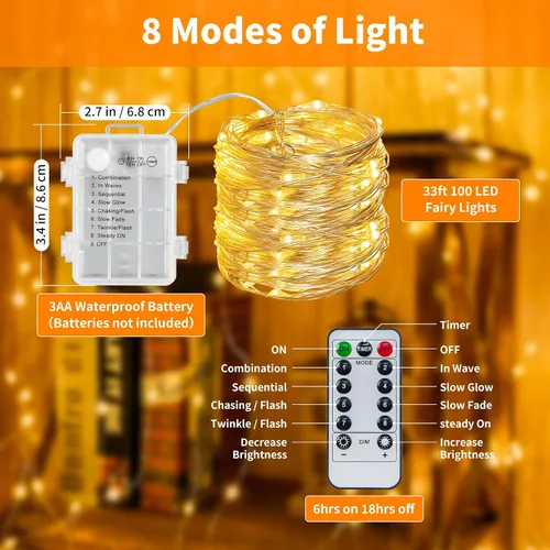 Vista 2 de Guirnalda de luces a pilas con temporizador de control remoto, 33 pies, 100 luces LED, impermeables, 8 modos, alambre de cobre, luces blancas Blanco