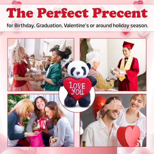 Vista 4 de Adorable animal de peluche de San Valentín de 8 pulgadas con corazón para seres queridos, animal abrazable de primera calidad (Panda con corazón)