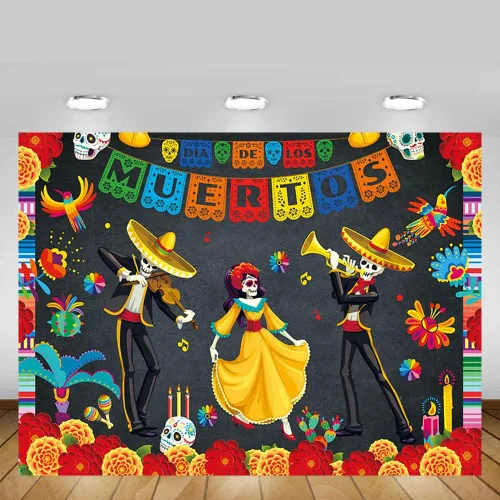 Vista 5 de MEHOFOND Telón de fondo del Día de los Muertos de 7 x 5 pies, fiesta mexicana, calavera de azúcar, flores, fondo de fotografía, vinilo Dia De Los