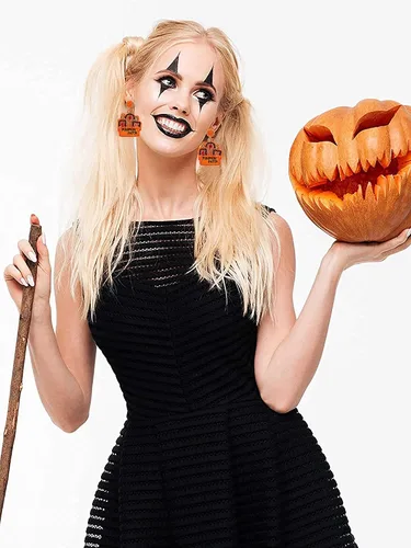 Vista 3 de Aretes de Halloween para mujer, lindos aretes colgantes de calabaza fantasma, con cuentas, espeluznante sombrero de bruja de calavera boo truco RIP