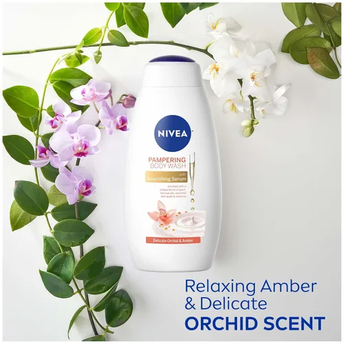 Vista 5 de NIVEA Delicado jabón corporal Orchid and Amber con suero nutritivo, botella de 20 onzas líquidas