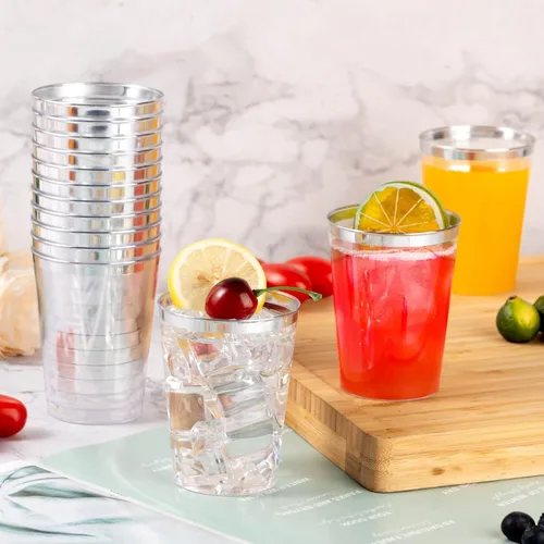 Vista 5 de Goodluck 50 piezas de vasos de plástico de 10 onzas para fiesta, vasos desechables plateados, vasos de cóctel de plástico para boda, Acción
