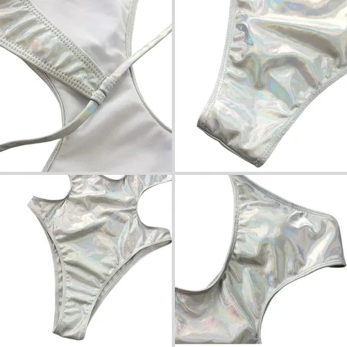 Vista 7 de Traje de baño sexy con tirantes cruzados metálicos brillantes para mujer, traje de baño holográfico sin espalda, traje de baño para festival rave