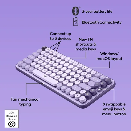 Vista 6 de Logitech POP Keys - Teclado mecánico inalámbrico con teclas Emoji personalizables, diseño compacto duradero, conectividad Bluetooth o USB, Cosmos